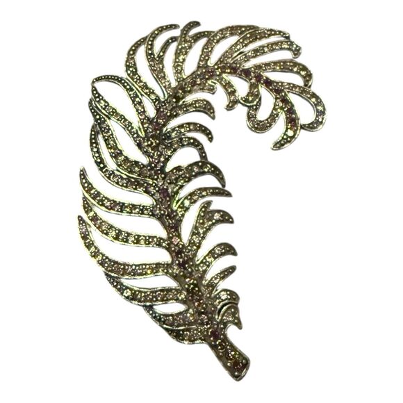 Vtg H.D. Merritt & Co Brooch Feather Silver Tone With Pink And White Rhinestones - Picture 1 of 4